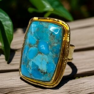 24k Gold Plated Artisan Kingman Turquoise Chunky Oversized Ring